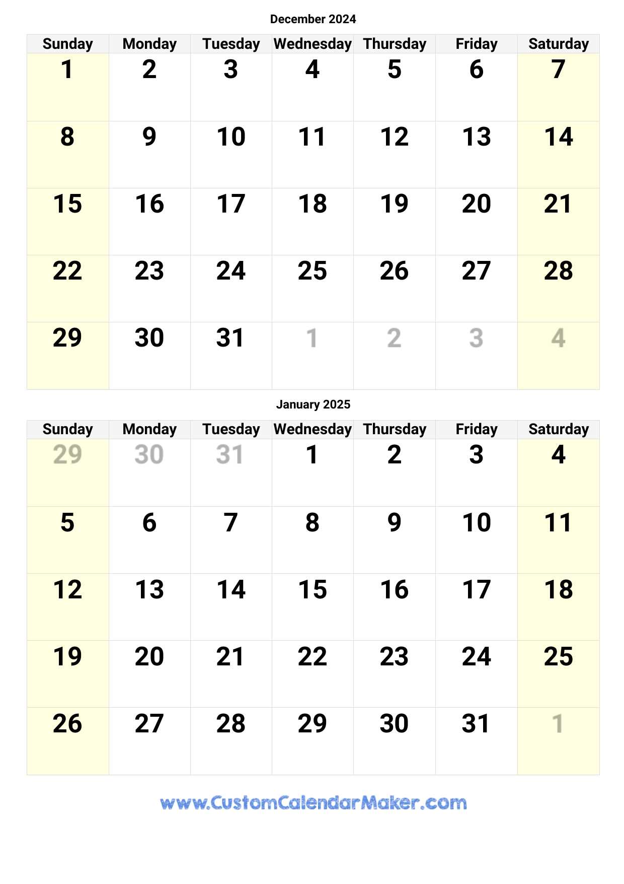 printable calendar template december 2025