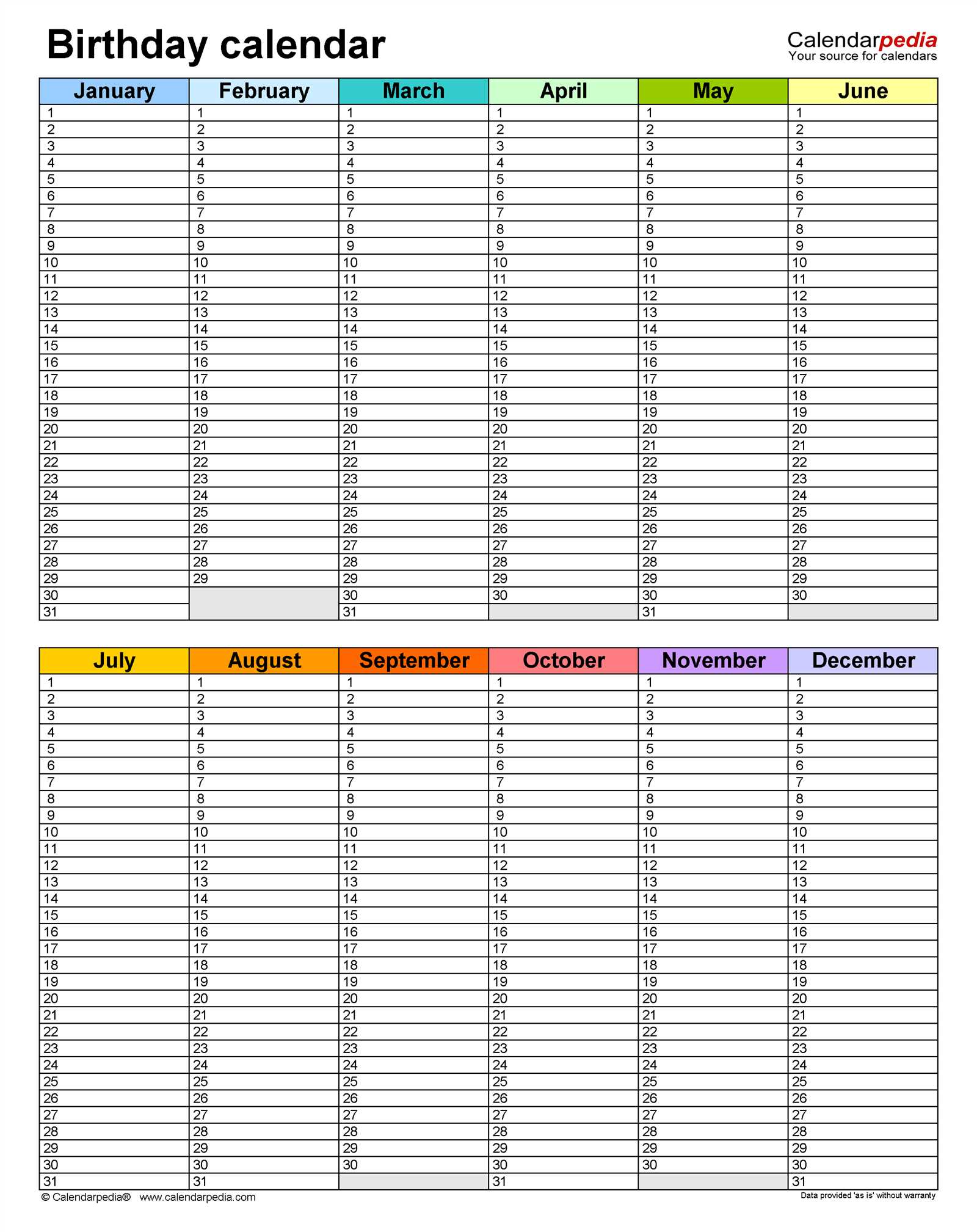 fillable birthday calendar template