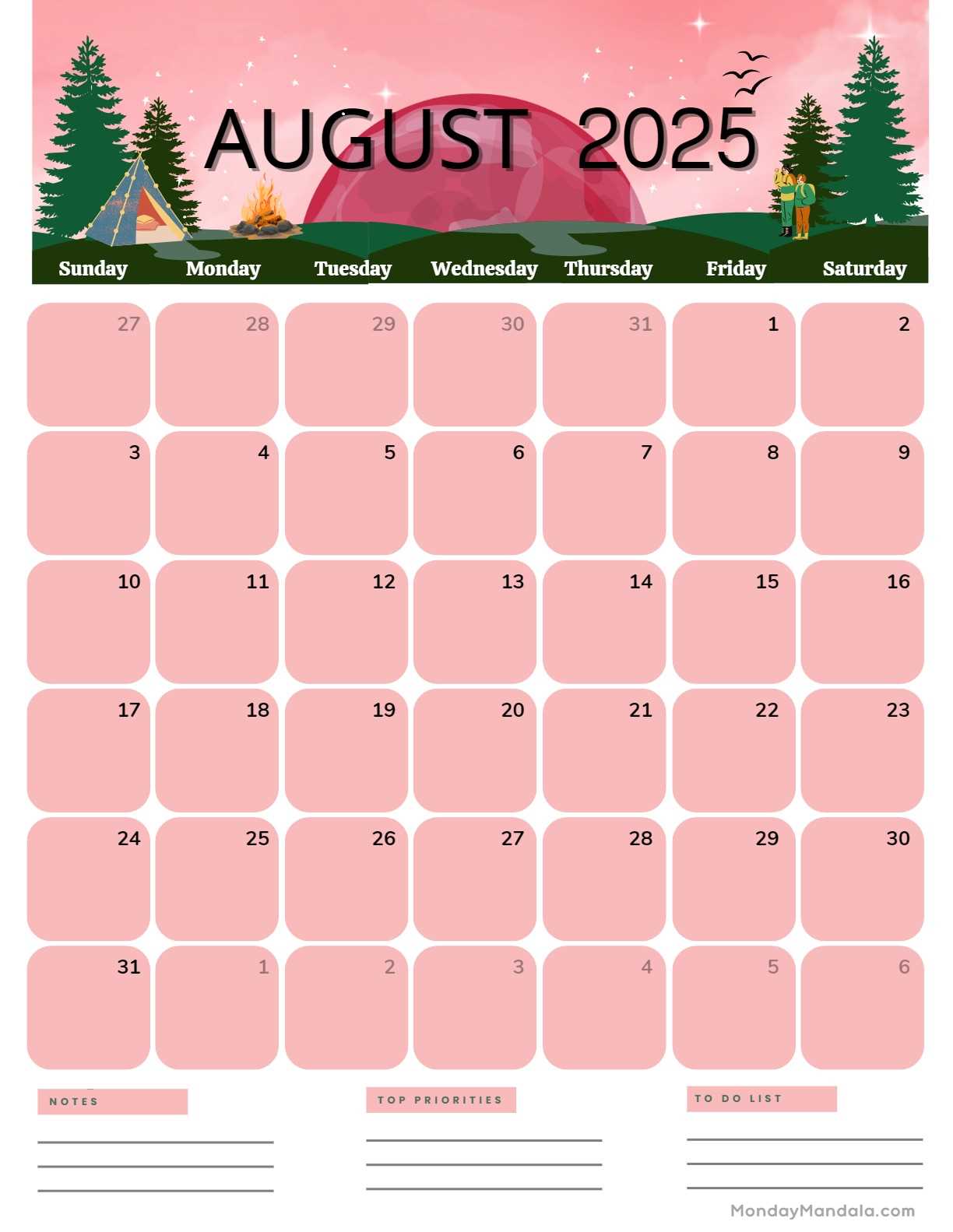 free blank calendar template august 2025