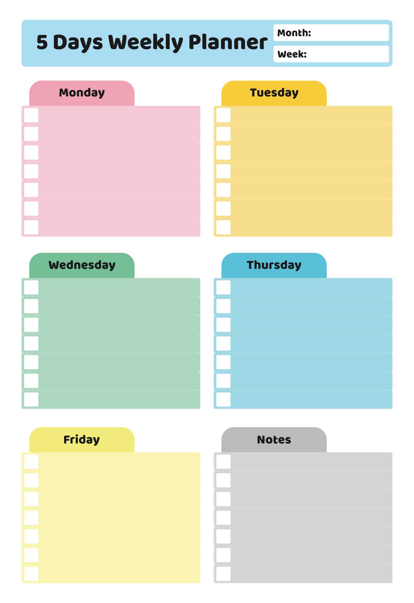 five day calendar template free