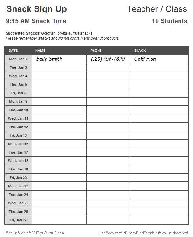 preschool snack calendar template