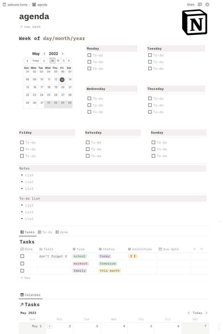 weekly calendar template notion