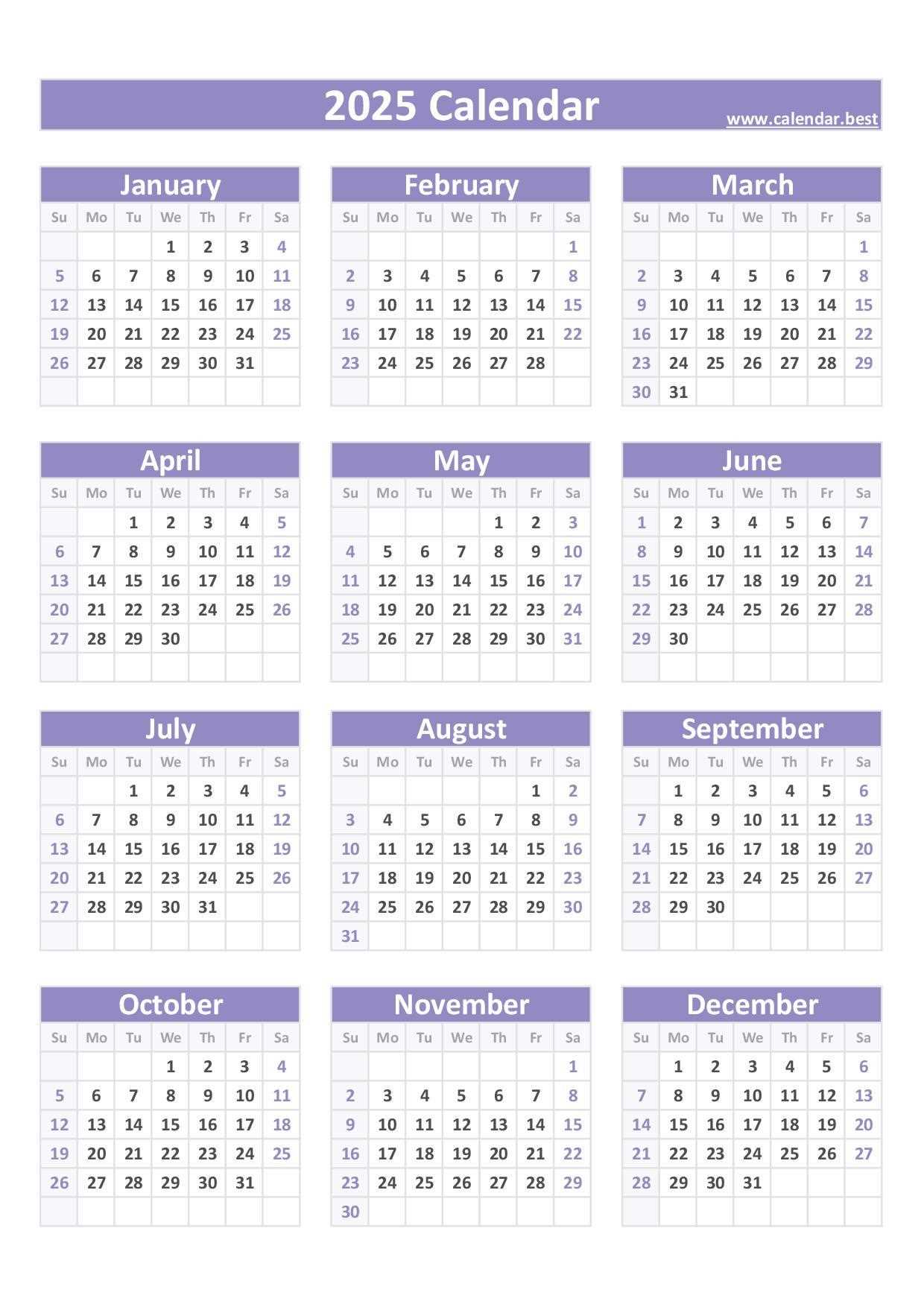 a4 calendar template 2025