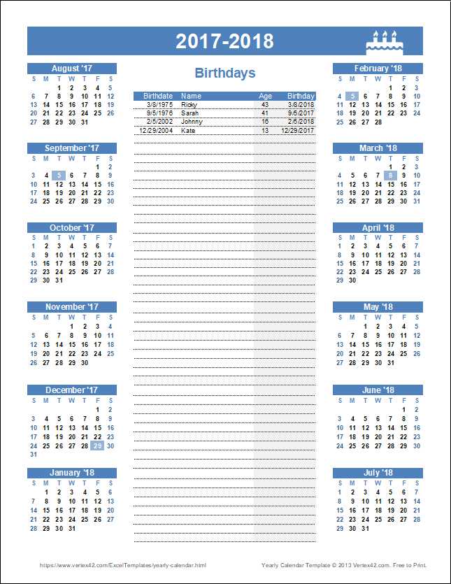 annual birthday calendar template