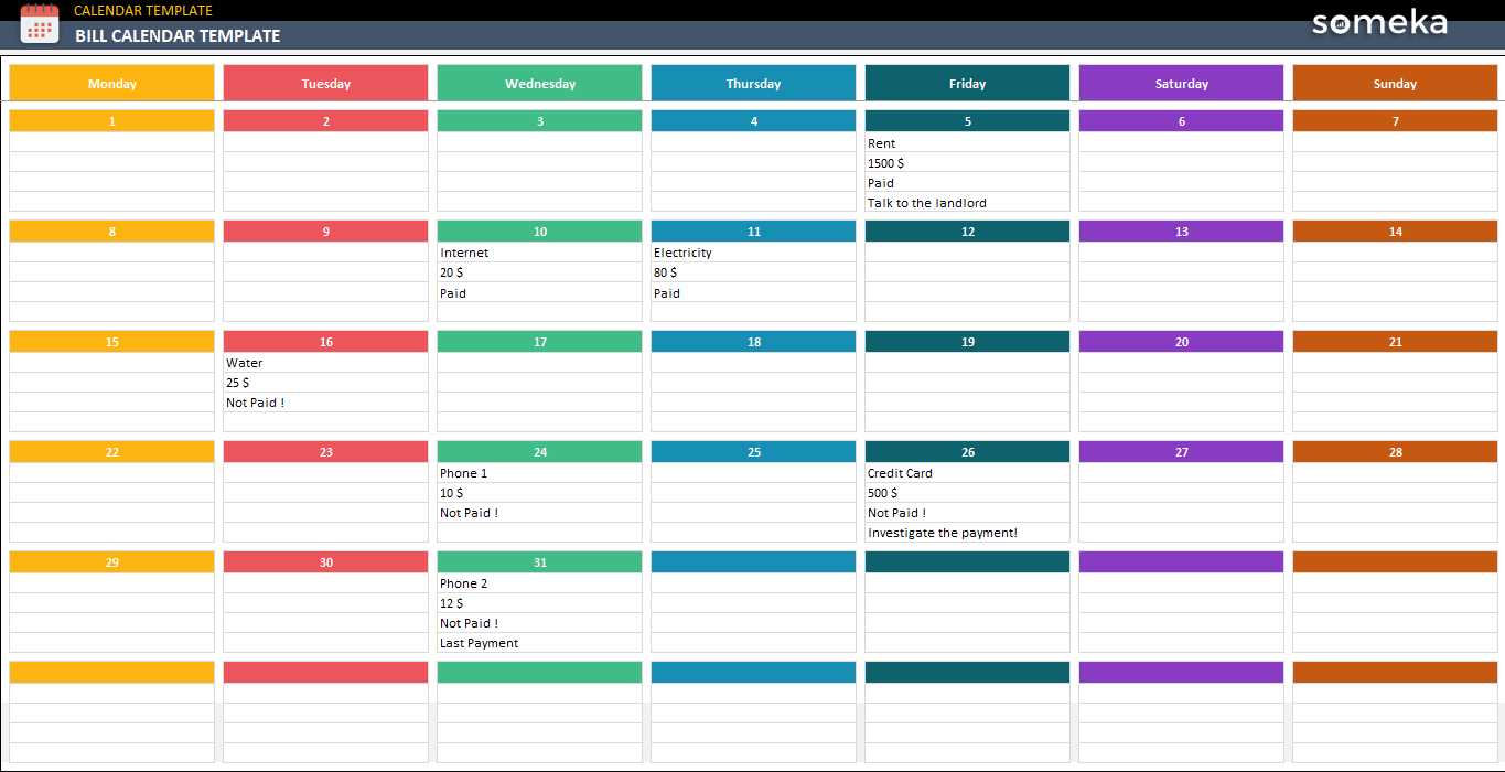 monthly bill payment calendar template