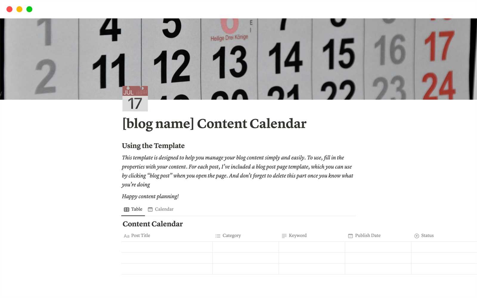 blog editorial calendar template