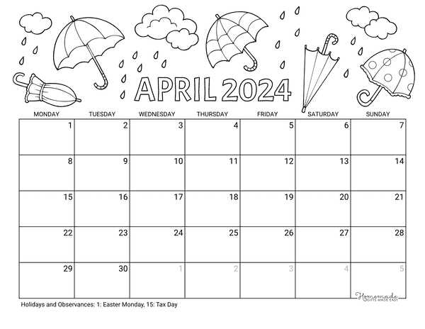 april month calendar template