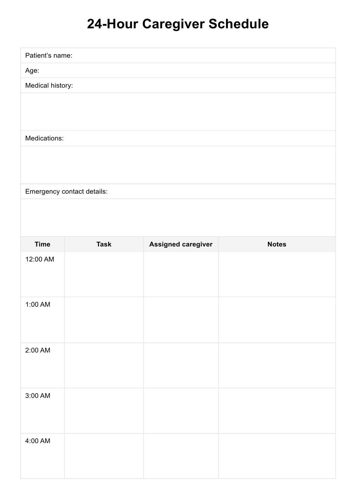 caregiver calendar template