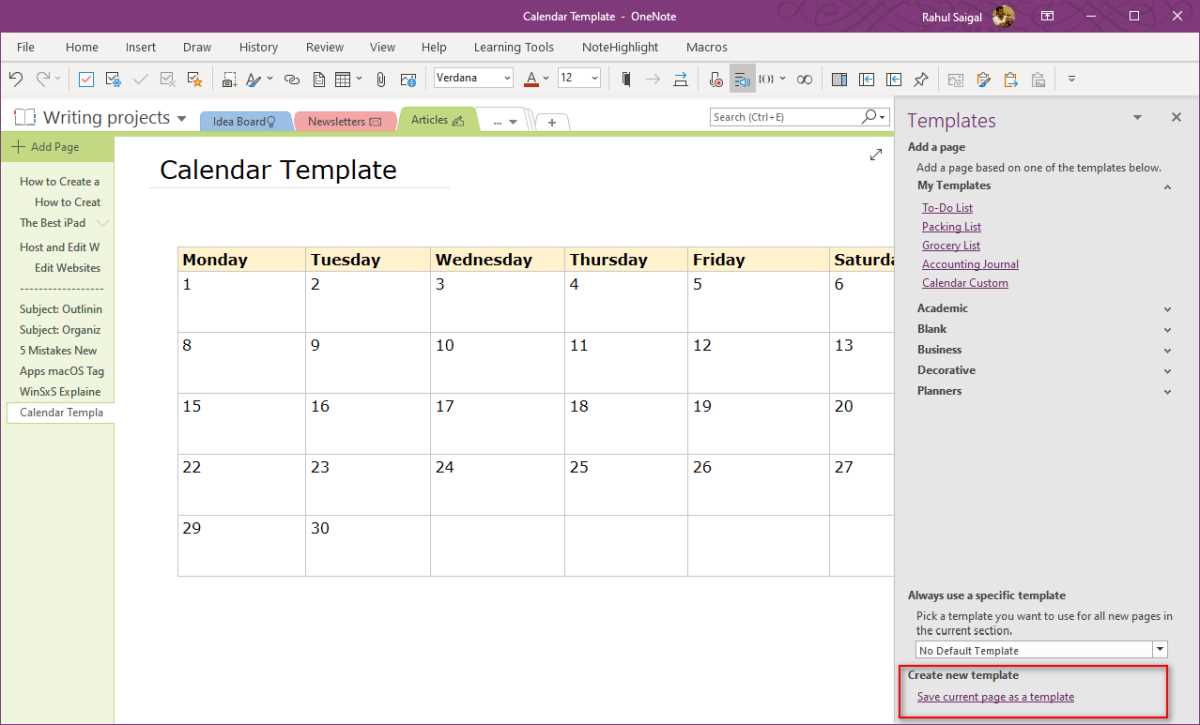 onenote calendar template free