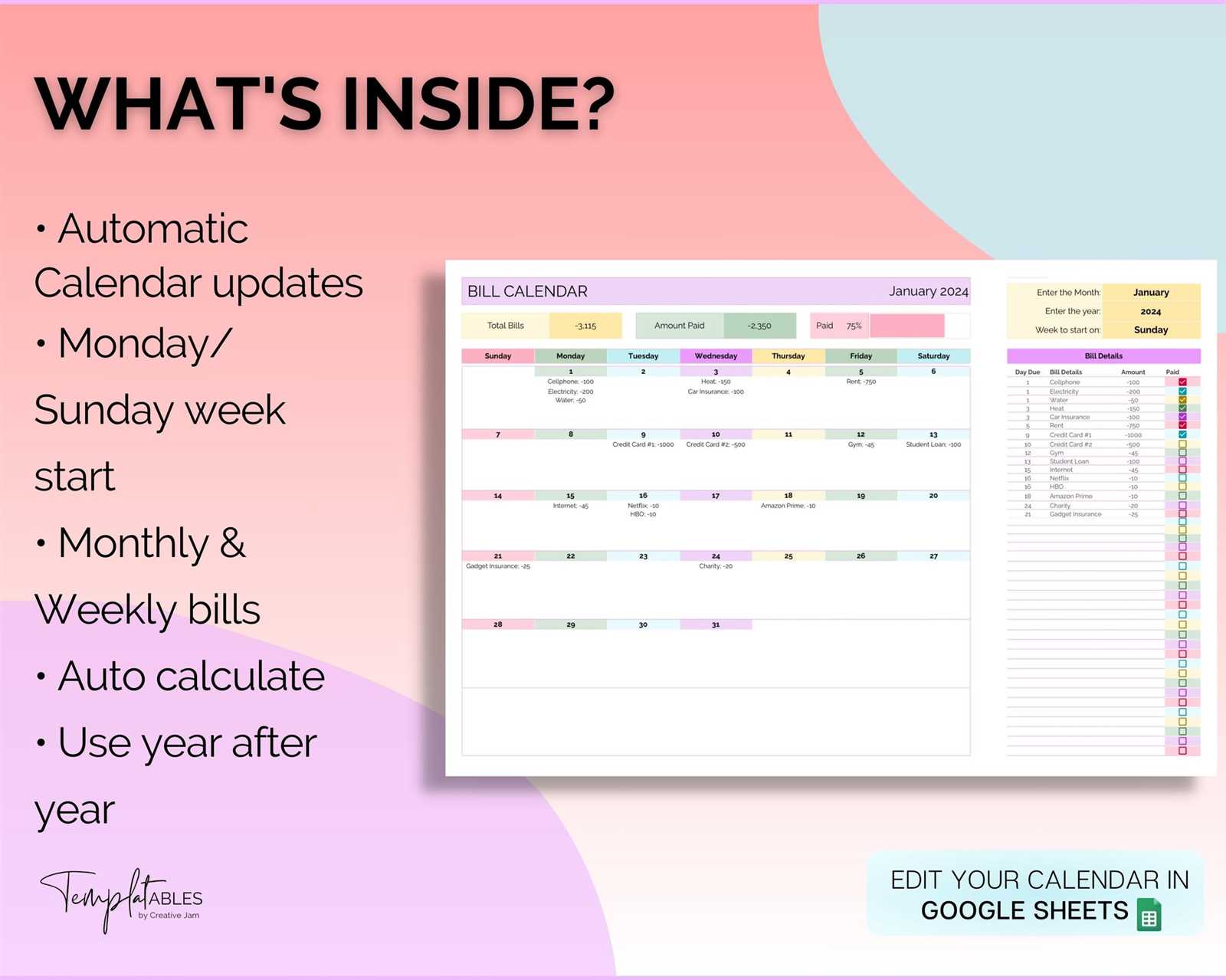 monthly bill payment calendar template