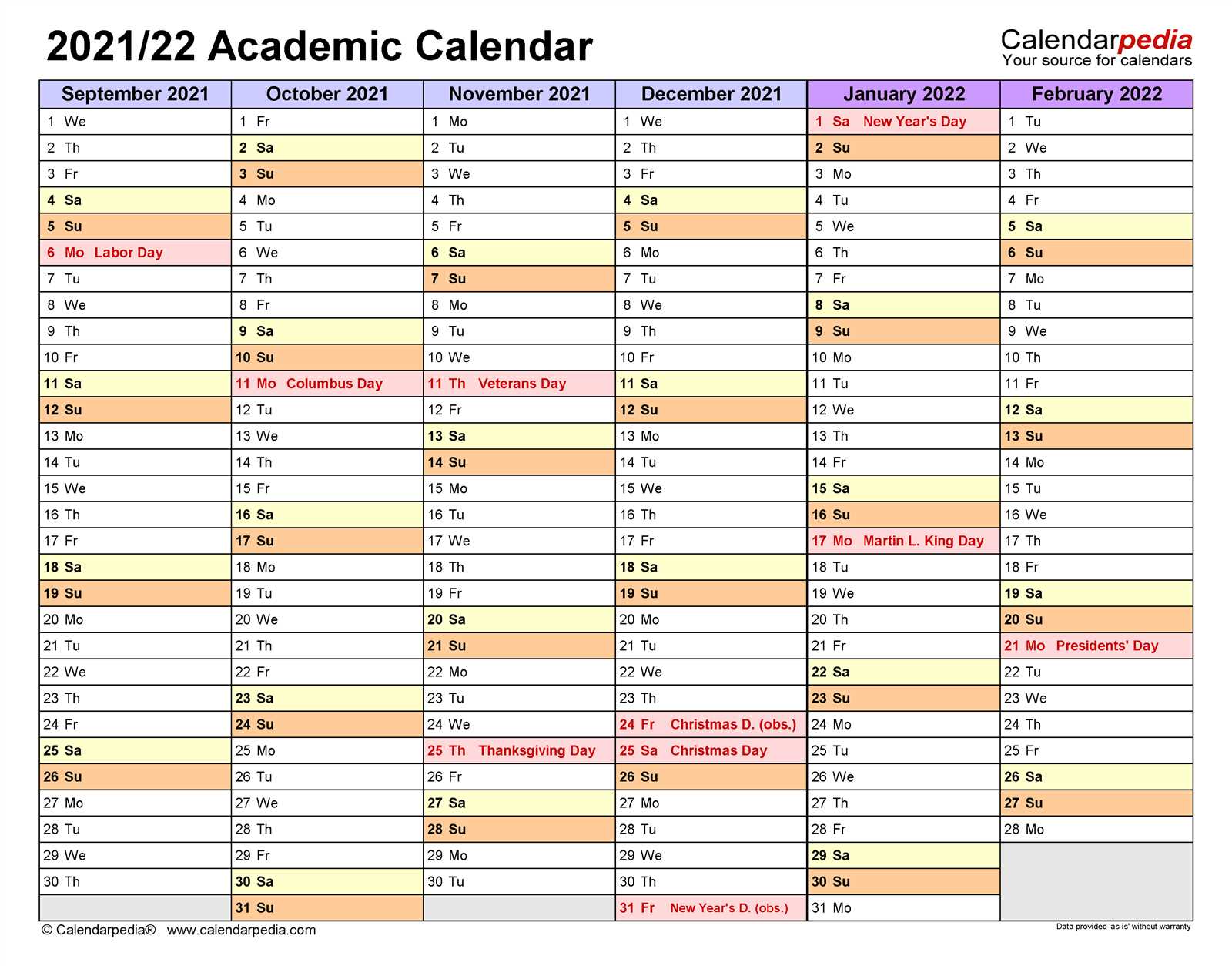 weekly academic calendar template