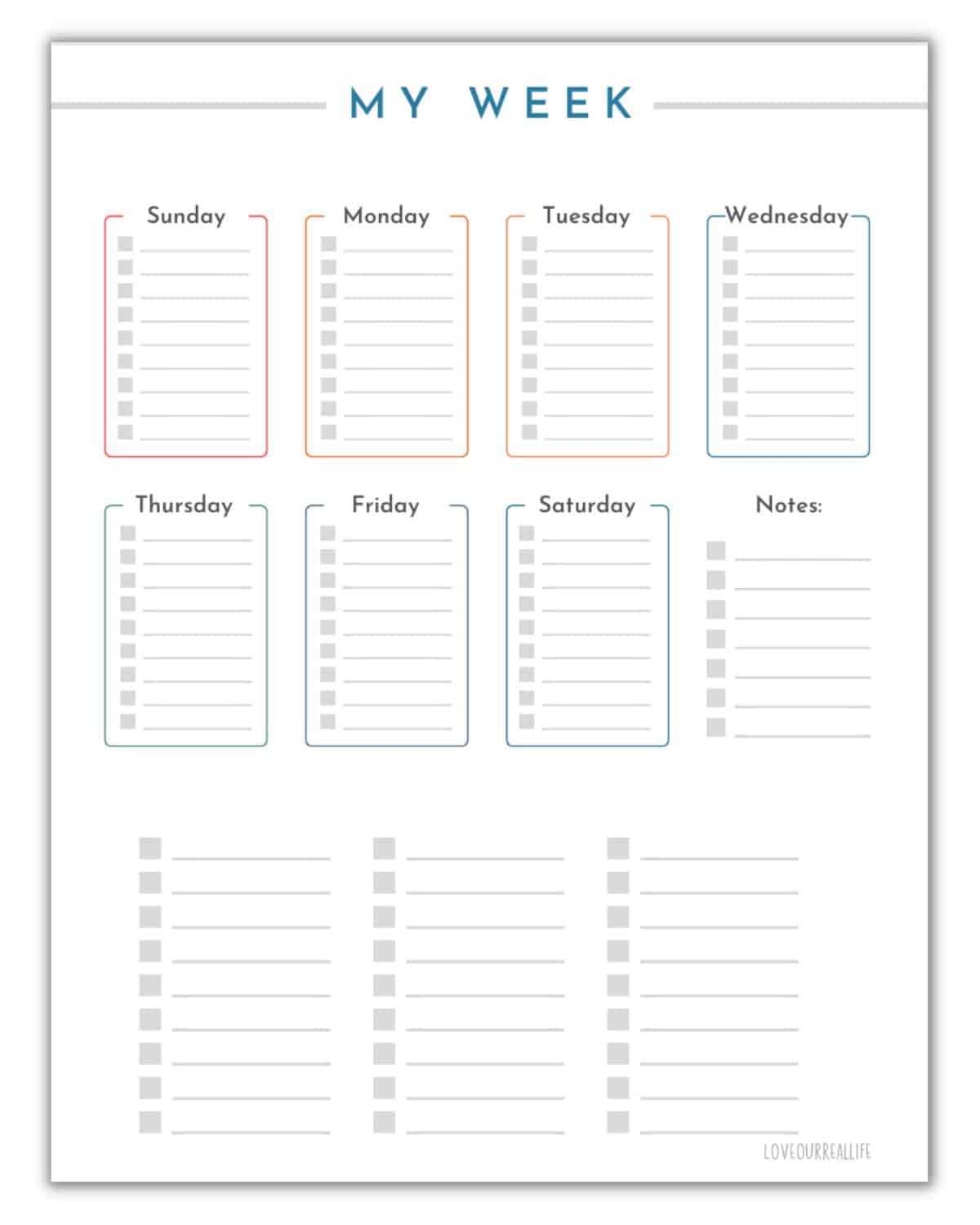 weekly calendar checklist template