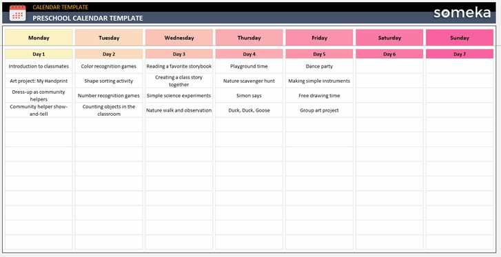 calendar template preschool