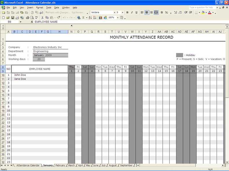 absentee calendar template