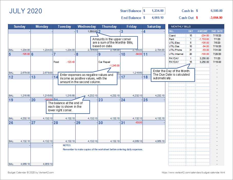 monthly bills calendar template