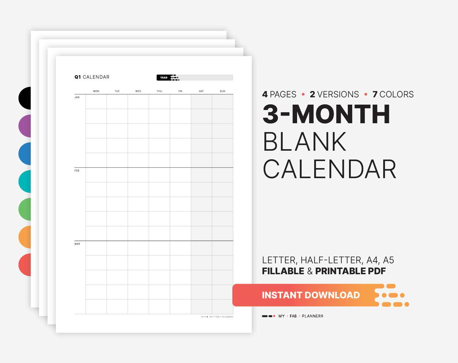 three month calendar template free