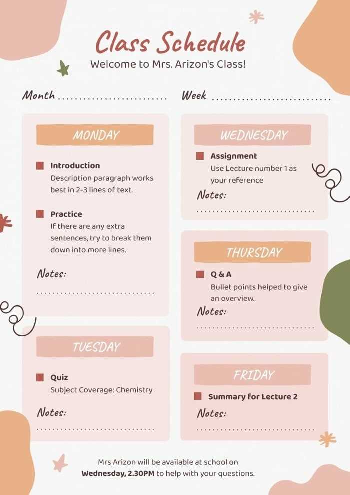 class schedule calendar template