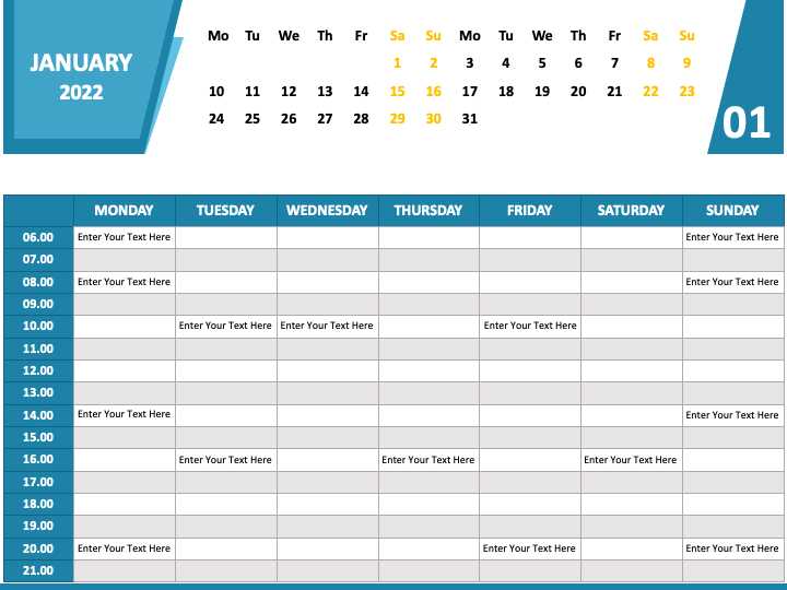 week calendar with hours template