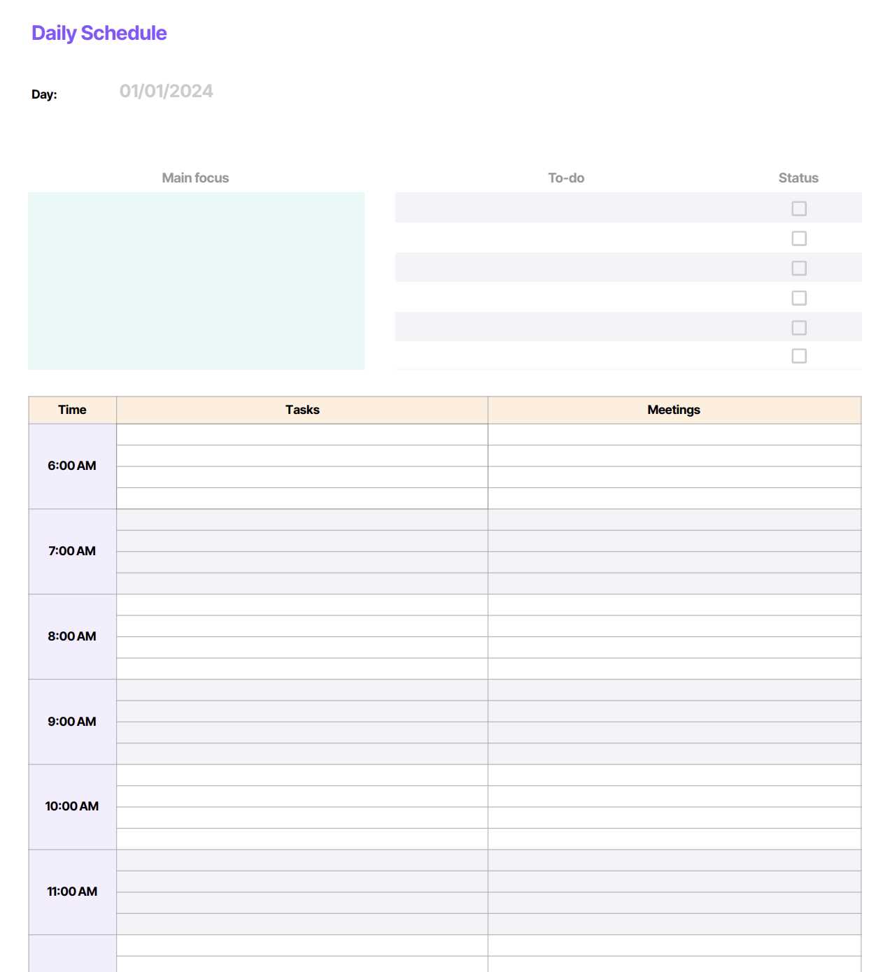 calendar by hour template