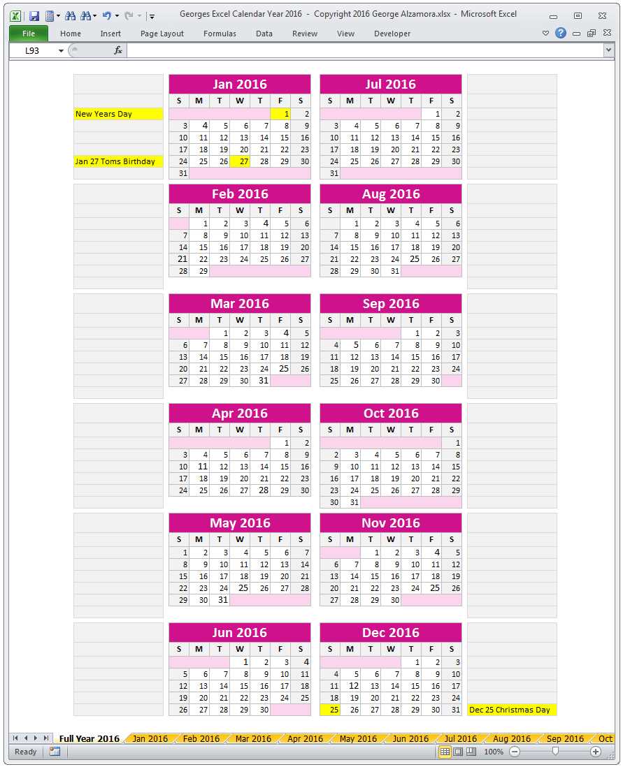 year view calendar template