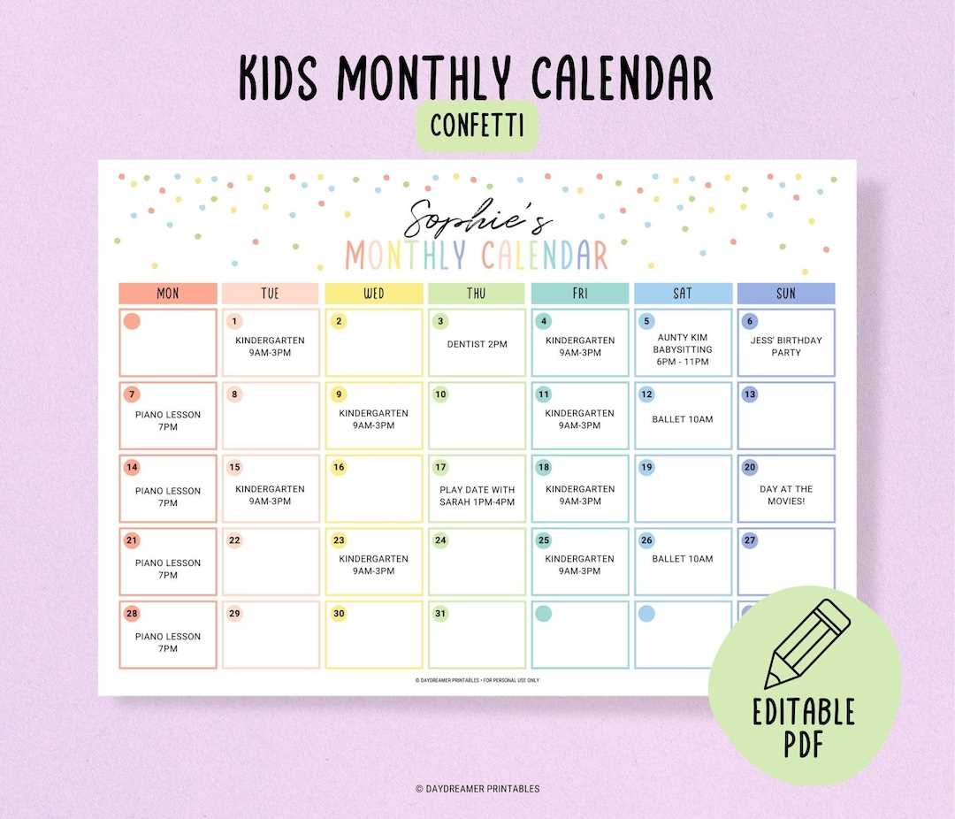 daily activity calendar template