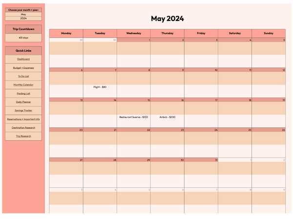 travel planner calendar template