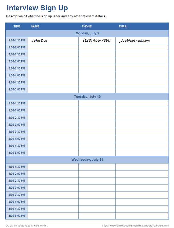 sign up sheet calendar template